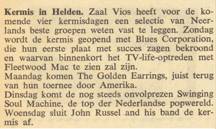 The Golden Earrings newspaer article Kermis in Helden July 14 1969 Beringe - Zaal Vios show